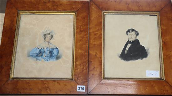 Early Victorian School, pair of watercolours, Portraits of a lady and gentleman, 27 x 22cm, maple framed